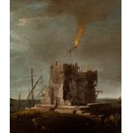 Moonlight combat near a lighthouse
