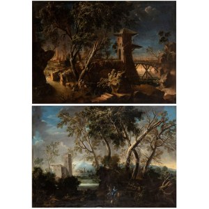 a) Landscape with water course, citadel and two figures; b) Landscape with wooden bridge. Pair of paintings