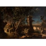a) Landscape with water course, citadel and two figures; b) Landscape with wooden bridge. Pair of paintings