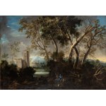a) Landscape with water course, citadel and two figures; b) Landscape with wooden bridge. Pair of paintings