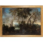a) Landscape with water course, citadel and two figures; b) Landscape with wooden bridge. Pair of paintings