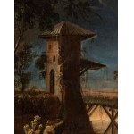 a) Landscape with water course, citadel and two figures; b) Landscape with wooden bridge. Pair of paintings