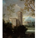 a) Landscape with water course, citadel and two figures; b) Landscape with wooden bridge. Pair of paintings