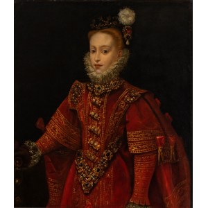 Portrait of a lady in a red dress and hat with pearl