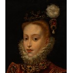 Portrait of a lady in a red dress and hat with pearl