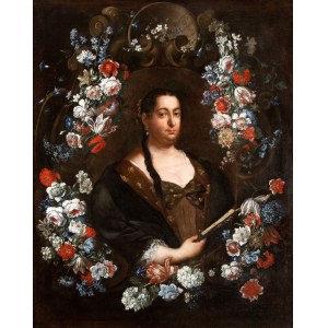 Portrait of a lady with fan within garland of flowers