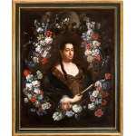 Portrait of a lady with fan within garland of flowers