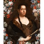 Portrait of a lady with fan within garland of flowers