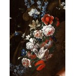 Portrait of a lady with fan within garland of flowers