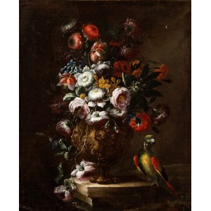 Still life of flowers and metal vase decorated with parrot