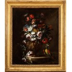 Still life of flowers and metal vase decorated with parrot