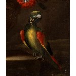 Still life of flowers and metal vase decorated with parrot