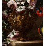 Still life of flowers and metal vase decorated with parrot