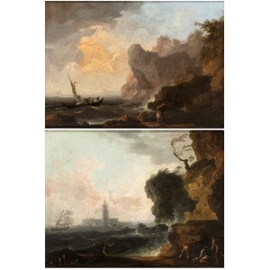 a) Marina with reef, shipwrecks and citadel in the background; b) Marina with fishermen, galley and lighthouse. Pair of paintings