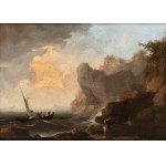 a) Marina with reef, shipwrecks and citadel in the background; b) Marina with fishermen, galley and lighthouse. Pair of paintings