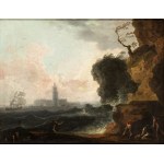 a) Marina with reef, shipwrecks and citadel in the background; b) Marina with fishermen, galley and lighthouse. Pair of paintings