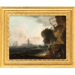 a) Marina with reef, shipwrecks and citadel in the background; b) Marina with fishermen, galley and lighthouse. Pair of paintings