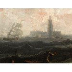a) Marina with reef, shipwrecks and citadel in the background; b) Marina with fishermen, galley and lighthouse. Pair of paintings