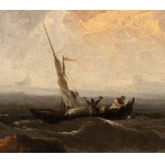 a) Marina with reef, shipwrecks and citadel in the background; b) Marina with fishermen, galley and lighthouse. Pair of paintings