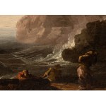a) Marina with reef, shipwrecks and citadel in the background; b) Marina with fishermen, galley and lighthouse. Pair of paintings