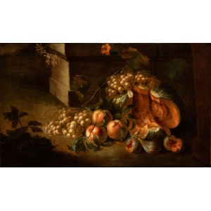 Still life in a landscape with pumpkin, grapes and peaches