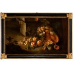 Still life in a landscape with pumpkin, grapes and peaches