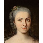 Portrait of a lady in a blue dress with coat of arms