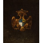 Portrait of a lady in a blue dress with coat of arms