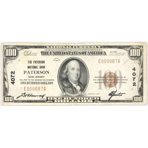 USA, New Jersey, The Paterson National Bank, 100 Dollars 1929