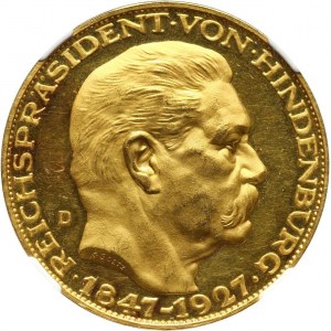 Niemcy, Republika Weimarska, medal w złocie autorstwa Karla Goetz'a, 1927 D, Monachium, 80-te urodziny Hindenburga
