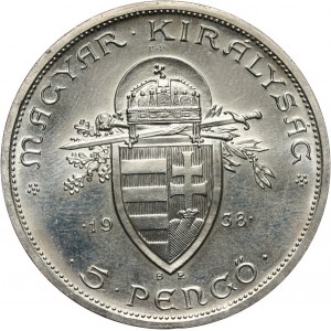 Węgry, 5 pengo 1938 BP/UP, oficjalny restrike