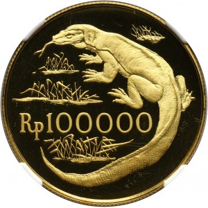 Indonesia, 100000 Rupiah 1974, Komodo dragon lizard, PROOF