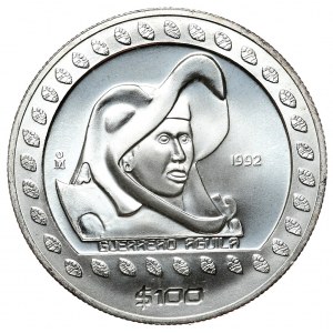 Meksyk, 100 $ 1992, wojownik Azteków, uncja, 1 oz Ag 999
