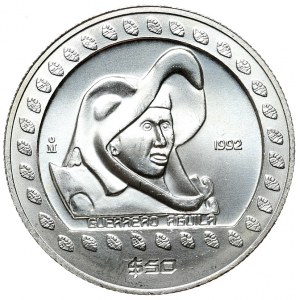 Meksyk, 50 $ 1992, wojownik Azteków, 1/2 uncji, 1/2 oz, Ag 999