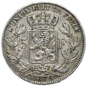 Belgia, 5 Franków, 1874r.
