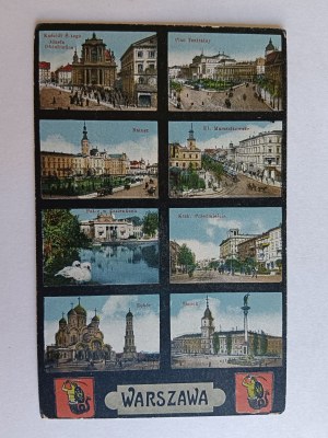 POSTCARD WARSAW, 8 VIEWS, THEATER SQUARE, CITY HALL, MARSZAŁKOWSKA STREET, KRAKOWSKIE PRZEDMIEŚCIE, COAT OF ARMS MERMAID, PRE-WAR 1918, STAMP STAMP