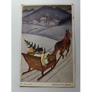 POCZTÓWKA MALARSTWO POLSKIE BORATYŃSKI, ZAKOPANE, KULIG, GÓRAL, TATRY, KONIE, ZIMA, STEMPEL RAJCZA, ZNACZEK, PRZEDWOJENNA 1934 R