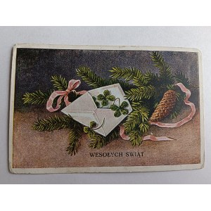 ART POSTCARD CHRISTMAS PINECONE, ENVELOPE, FOUR-LEAF CLOVER, PRE-WAR