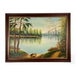 Unknown Artist (MB?, 20th century) - Lake painting (1988), Oil on Canvas.