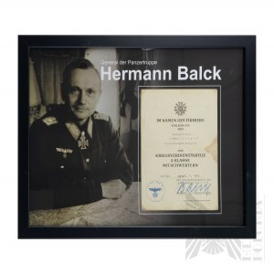 2 WŚ III Rzesza Niemiecka Nadanie KVK z Mieczami 2 Klasy- Podpis - General der Panzertruppe Herman Balack