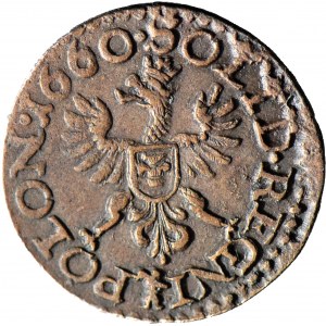 RR-, Jan Kazimierz, Szeląg 1660, Ujazdów, odwrócone N w IOAN