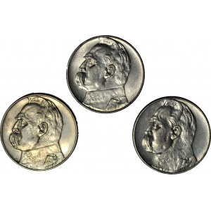 10 złotych 1934-1938 i 1939, Piłsudski, rzadsze roczniki, zestaw 3 szt.