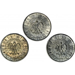 10 złotych 1934-1938 i 1939, Piłsudski, rzadsze roczniki, zestaw 3 szt.