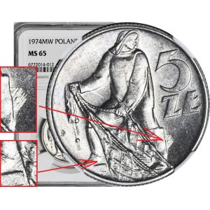 RR-, 5 złotych 1974, Rybak na TRAWCE, trawka pod stopami, b. rzadki