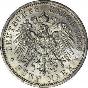 Niemcy, Prusy, 5 marek 1908 A, Wilhelm II, Berlin, bardzo ładne