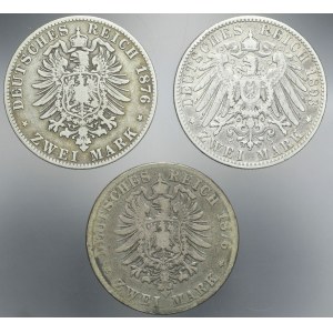 Niemcy, Zestaw 3 szt. 2 marki 1876 D Bawaria, 2 marki 1893 E Saksonia, 2 marki 1876 C Prusy