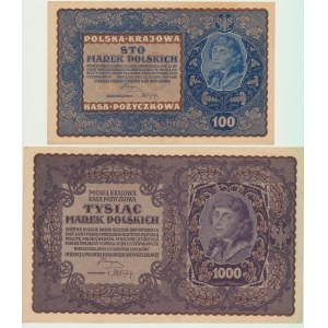 100 i 1000 marek polskich 1919, IH Seria P i II Serja AQ, ZESTAW 2 SZT.