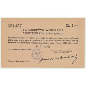 5 zł 1943, Świadectwo Kontrybucji, ze stemplem, rzadkie