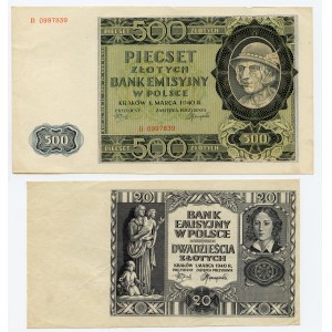Zestaw 2 szt. 500 złotych 1940 ser. B, 20 złoty 1940 nieukończony druk