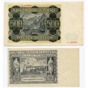 Zestaw 2 szt. 500 złotych 1940 ser. B, 20 złoty 1940 nieukończony druk